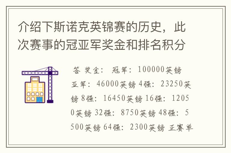 介绍下斯诺克英锦赛的历史，此次赛事的冠亚军奖金和排名积分各是多少？