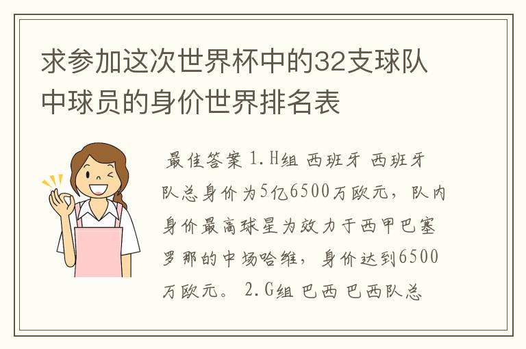 求参加这次世界杯中的32支球队中球员的身价世界排名表