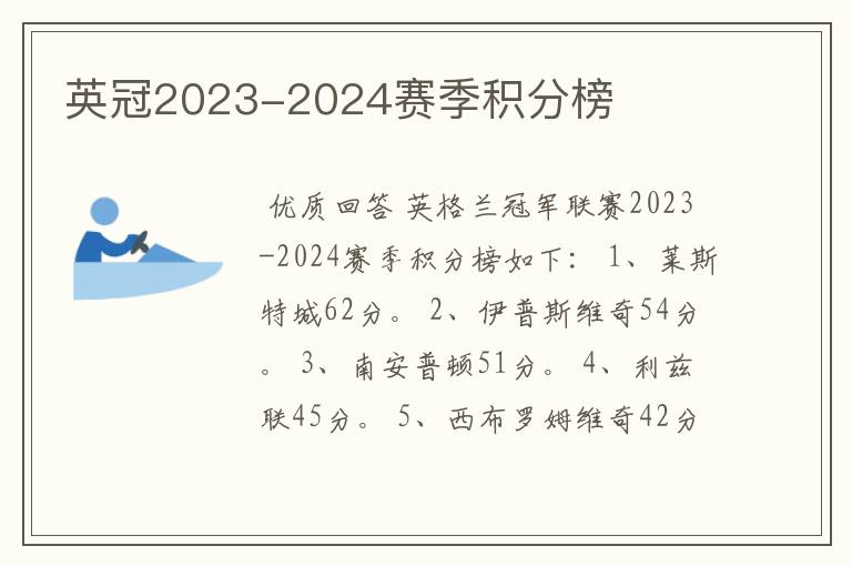 英冠2023-2024赛季积分榜