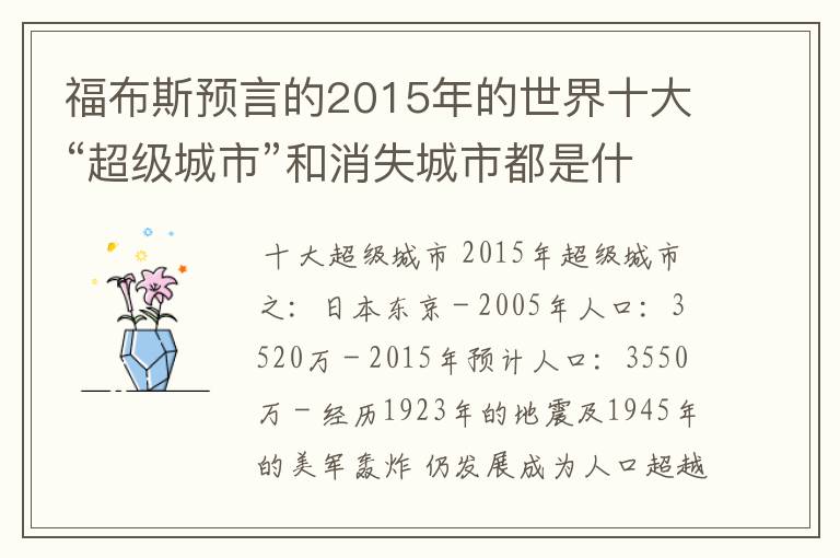 福布斯预言的2015年的世界十大“超级城市”和消失城市都是什么