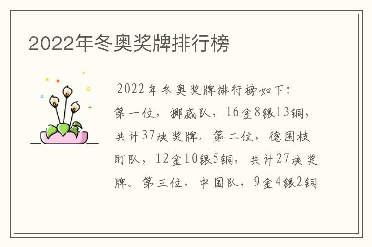 2022年冬奥奖牌排行榜