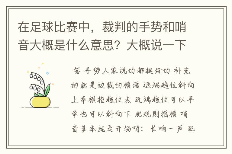 在足球比赛中，裁判的手势和哨音大概是什么意思？大概说一下。