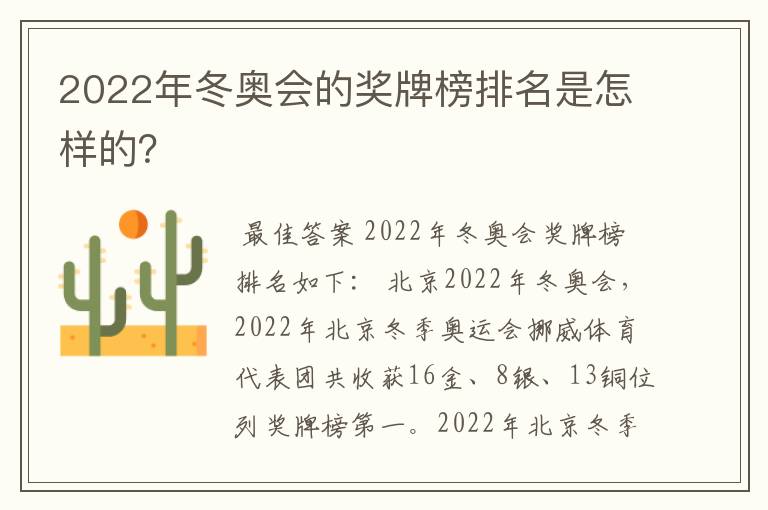 2022年冬奥会的奖牌榜排名是怎样的？