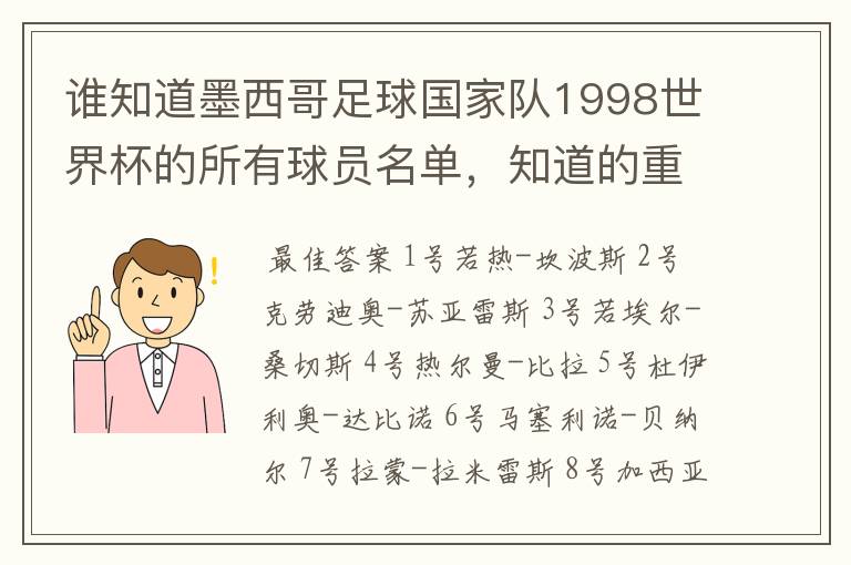 谁知道墨西哥足球国家队1998世界杯的所有球员名单，知道的重赏