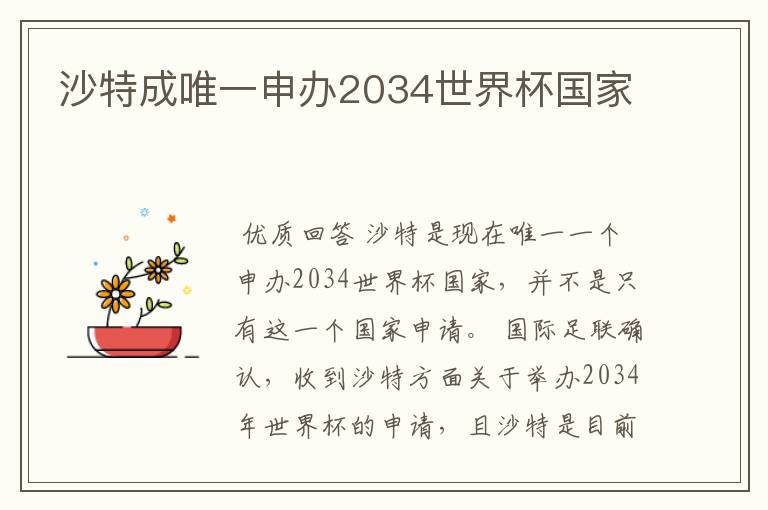 沙特成唯一申办2034世界杯国家