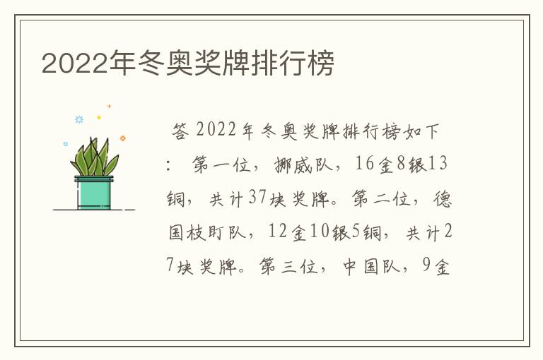 2022年冬奥奖牌排行榜