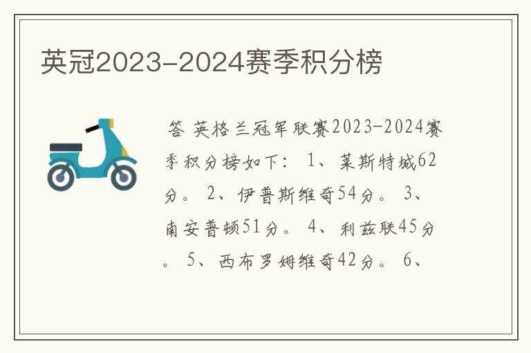 英冠2023-2024赛季积分榜