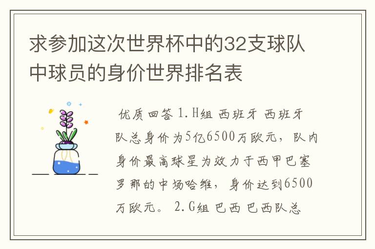 求参加这次世界杯中的32支球队中球员的身价世界排名表