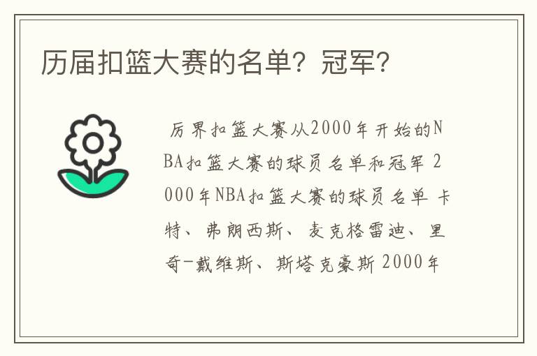 历届扣篮大赛的名单？冠军？