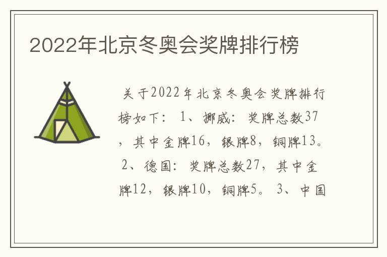 2022年北京冬奥会奖牌排行榜