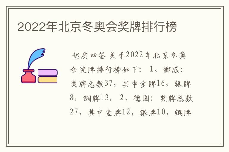 2022年北京冬奥会奖牌排行榜