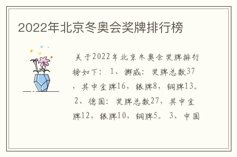 2022年北京冬奥会奖牌排行榜