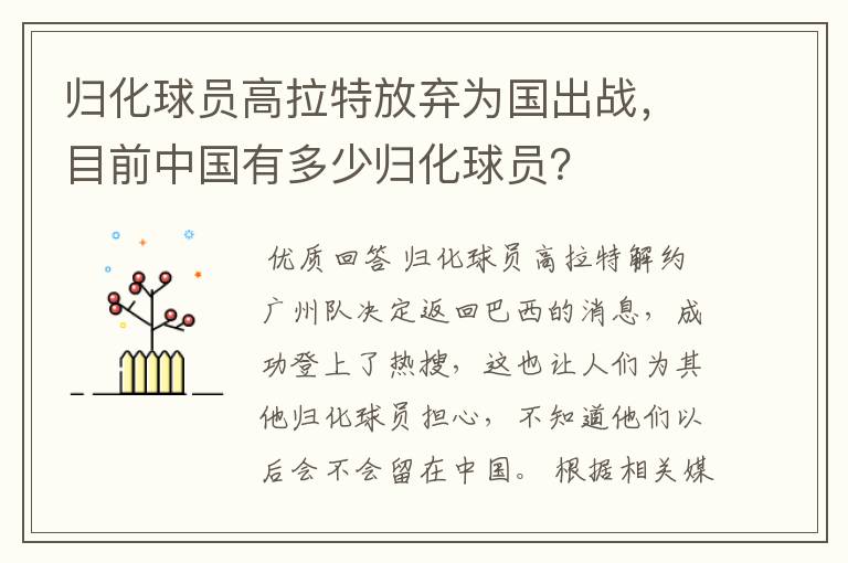 归化球员高拉特放弃为国出战，目前中国有多少归化球员？