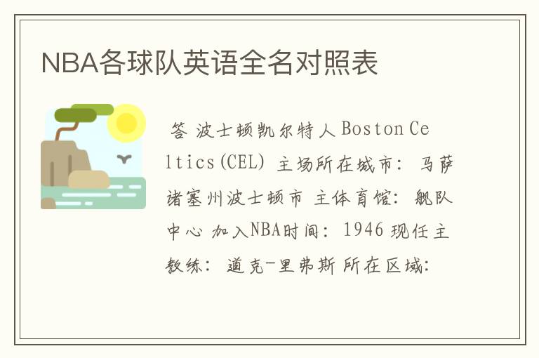 NBA各球队英语全名对照表