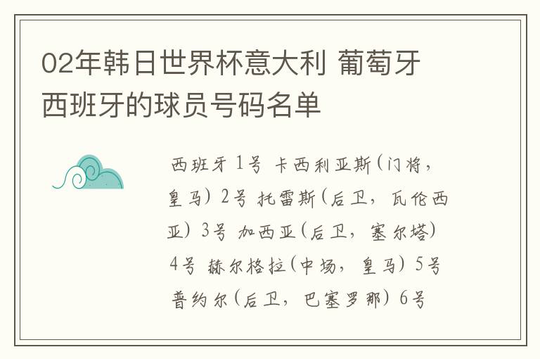 02年韩日世界杯意大利 葡萄牙 西班牙的球员号码名单