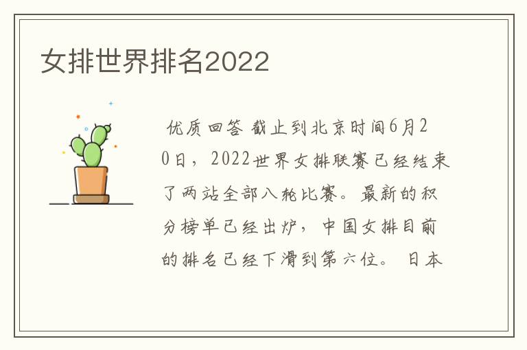 女排世界排名2022