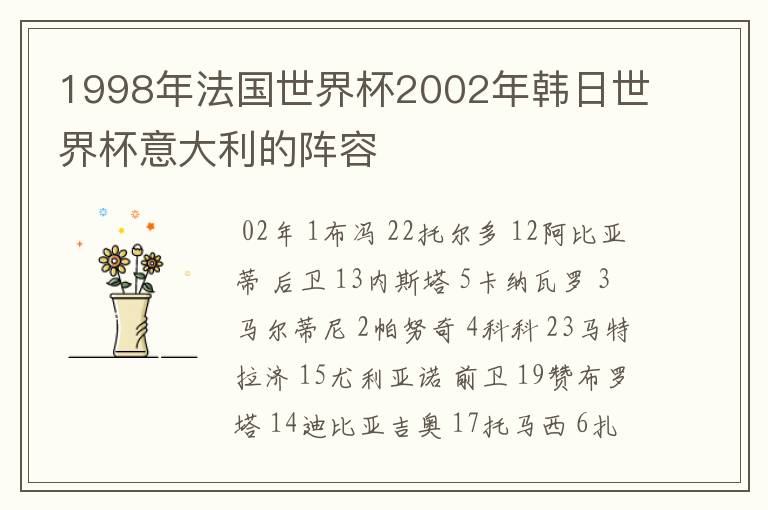 1998年法国世界杯2002年韩日世界杯意大利的阵容