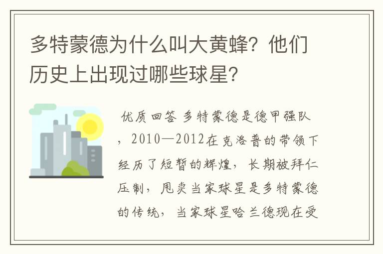 多特蒙德为什么叫大黄蜂？他们历史上出现过哪些球星？