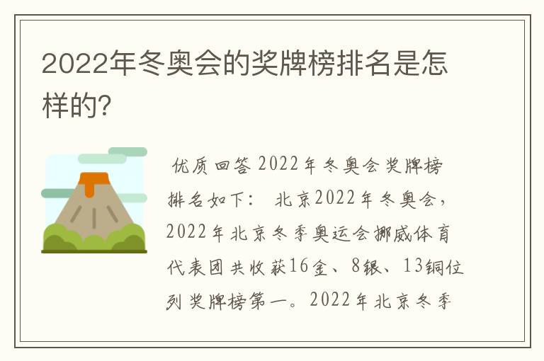 2022年冬奥会的奖牌榜排名是怎样的？