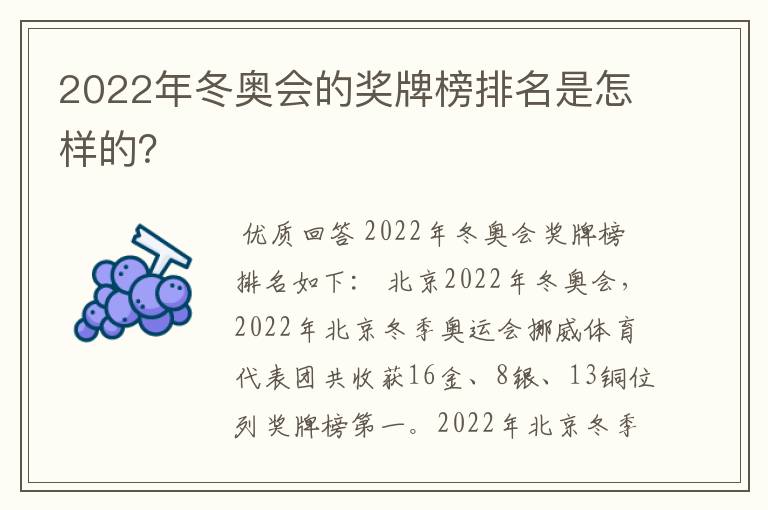 2022年冬奥会的奖牌榜排名是怎样的？