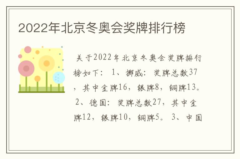 2022年北京冬奥会奖牌排行榜