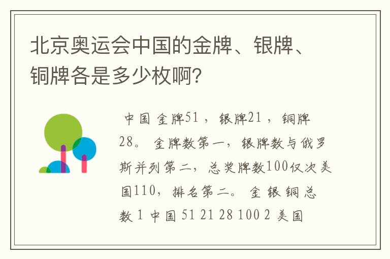 北京奥运会中国的金牌、银牌、铜牌各是多少枚啊？