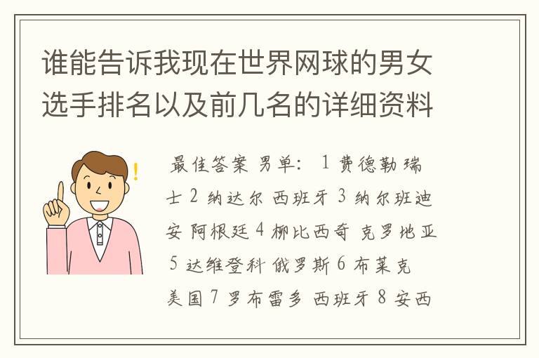 谁能告诉我现在世界网球的男女选手排名以及前几名的详细资料 都有哪些重要赛事