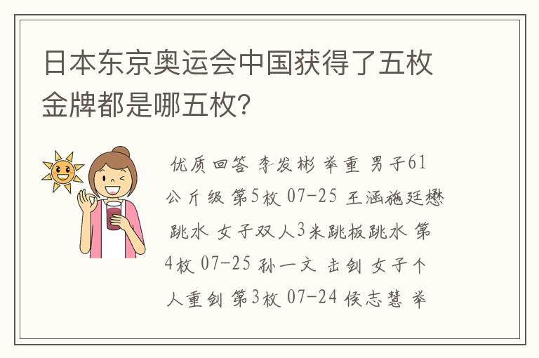 日本东京奥运会中国获得了五枚金牌都是哪五枚？