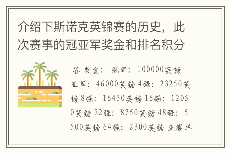 介绍下斯诺克英锦赛的历史，此次赛事的冠亚军奖金和排名积分各是多少？