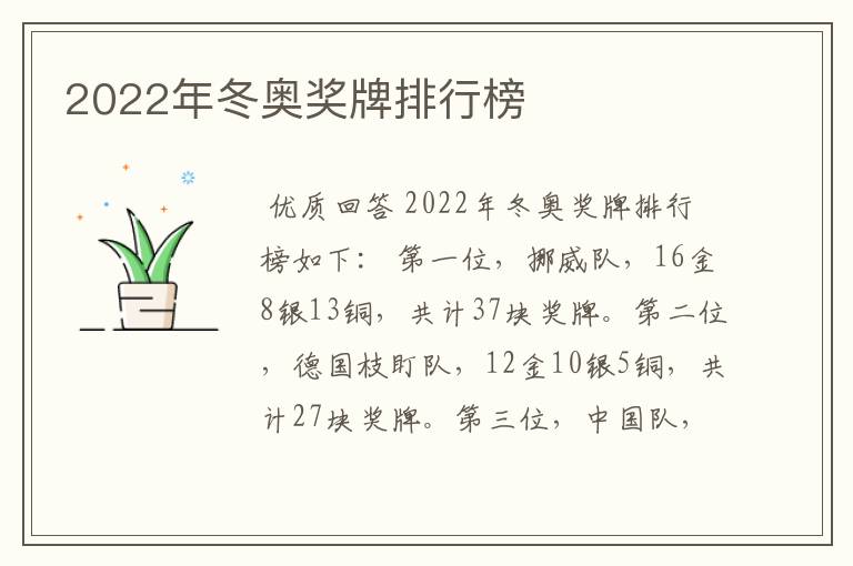 2022年冬奥奖牌排行榜