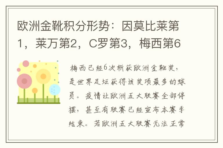 欧洲金靴积分形势：因莫比莱第1，莱万第2，C罗第3，梅西第6