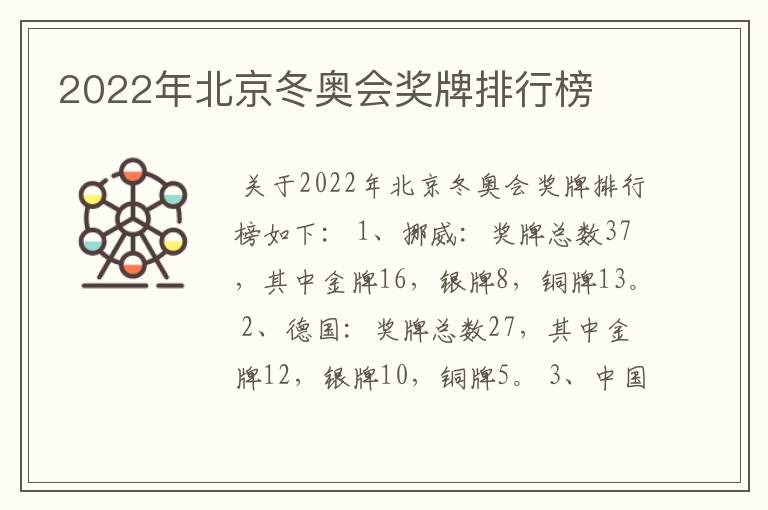 2022年北京冬奥会奖牌排行榜