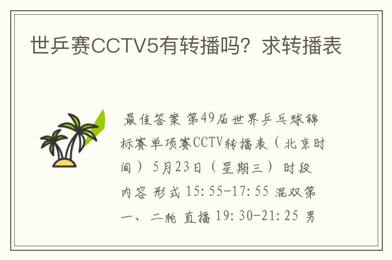 世乒赛CCTV5有转播吗？求转播表