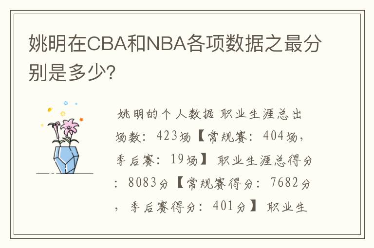 姚明在CBA和NBA各项数据之最分别是多少？