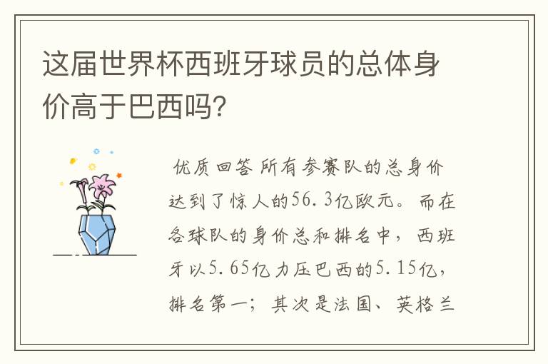 这届世界杯西班牙球员的总体身价高于巴西吗？