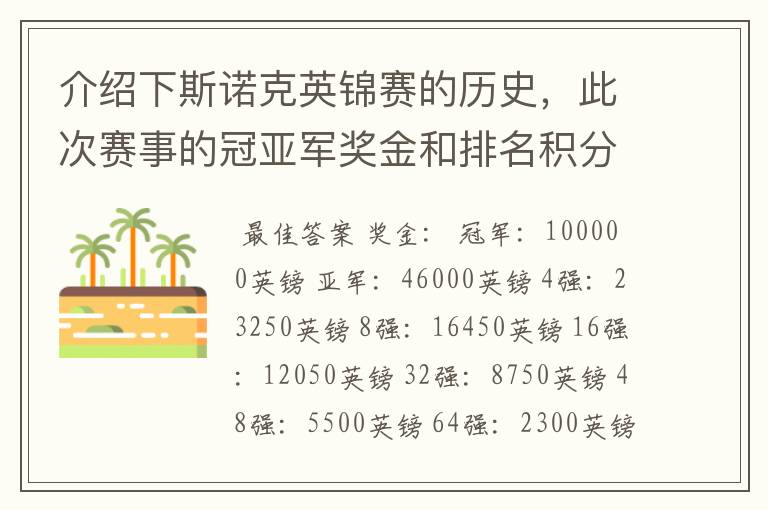 介绍下斯诺克英锦赛的历史，此次赛事的冠亚军奖金和排名积分各是多少？