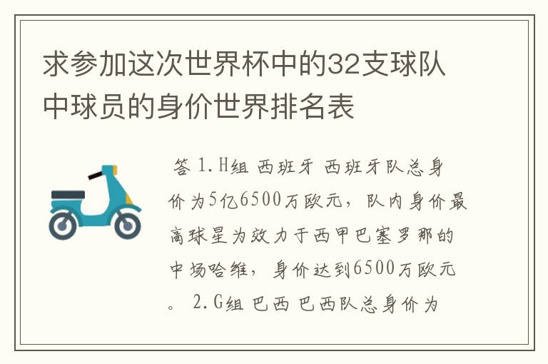 求参加这次世界杯中的32支球队中球员的身价世界排名表