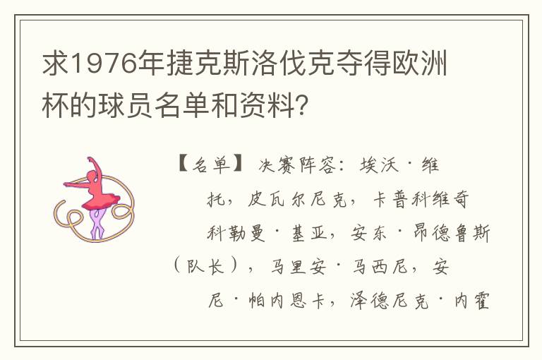 求1976年捷克斯洛伐克夺得欧洲杯的球员名单和资料？