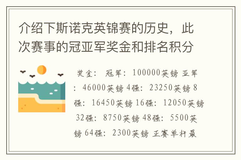 介绍下斯诺克英锦赛的历史，此次赛事的冠亚军奖金和排名积分各是多少？