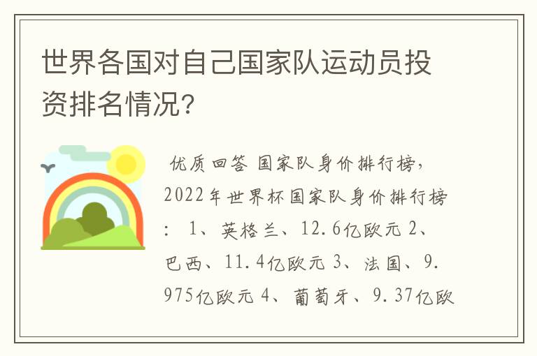 世界各国对自己国家队运动员投资排名情况?