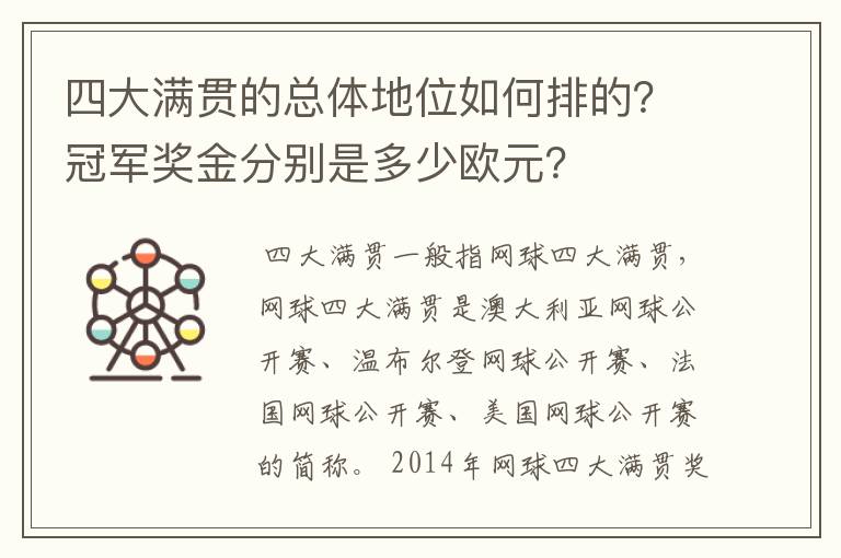 四大满贯的总体地位如何排的？冠军奖金分别是多少欧元？