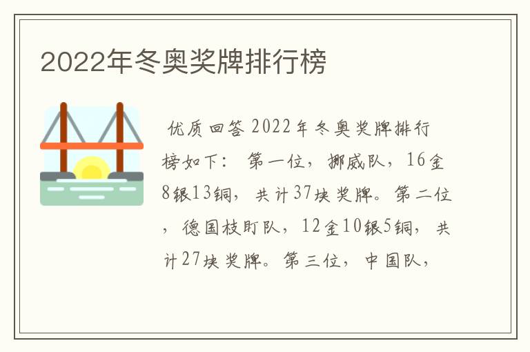 2022年冬奥奖牌排行榜