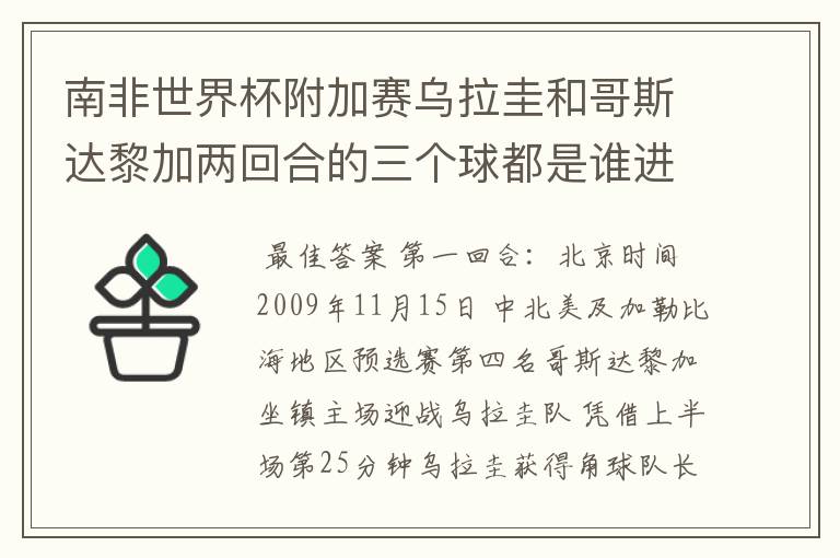 南非世界杯附加赛乌拉圭和哥斯达黎加两回合的三个球都是谁进的？