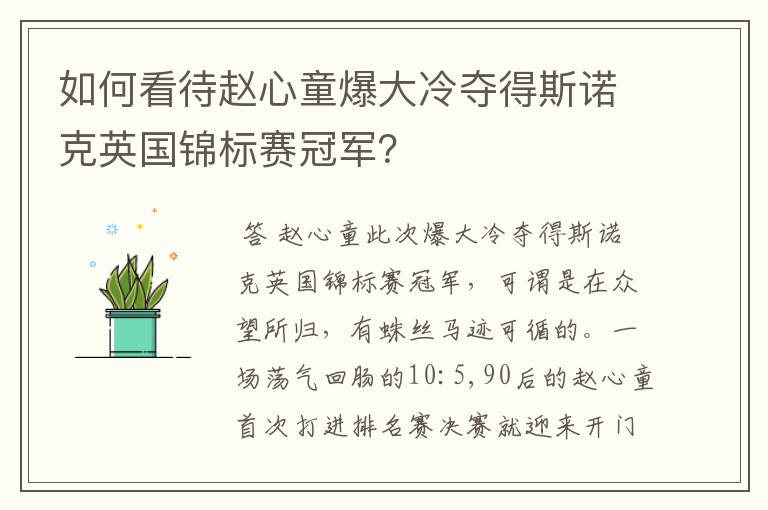 如何看待赵心童爆大冷夺得斯诺克英国锦标赛冠军？