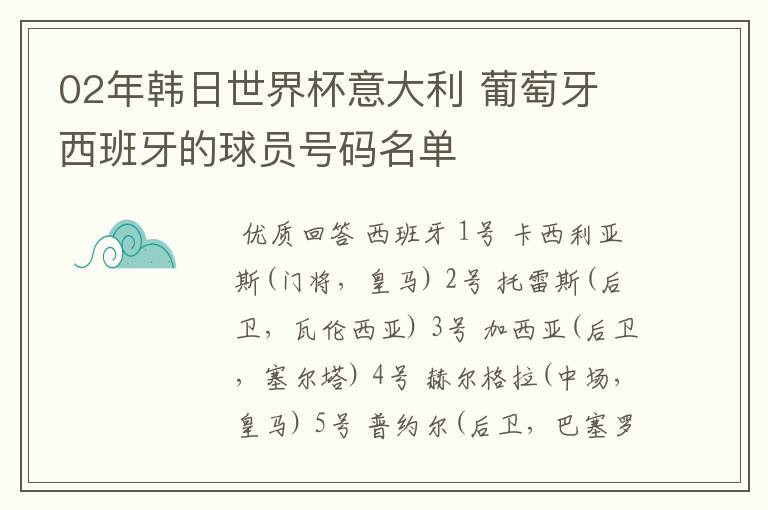 02年韩日世界杯意大利 葡萄牙 西班牙的球员号码名单