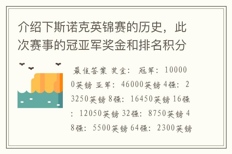 介绍下斯诺克英锦赛的历史，此次赛事的冠亚军奖金和排名积分各是多少？