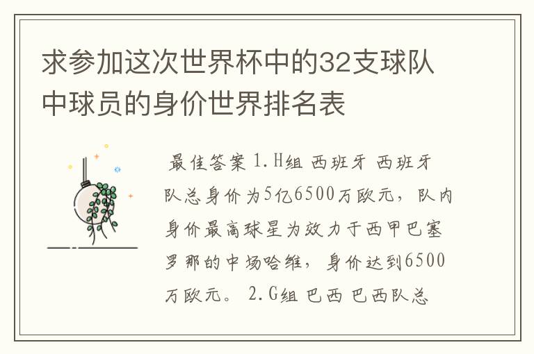 求参加这次世界杯中的32支球队中球员的身价世界排名表