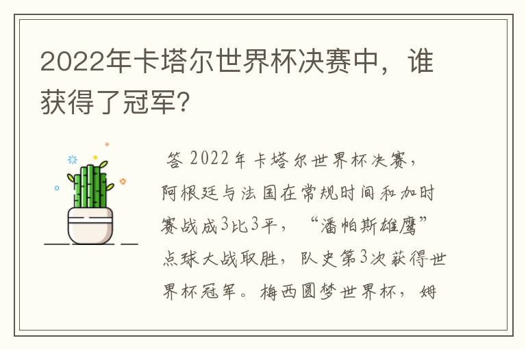 2022年卡塔尔世界杯决赛中，谁获得了冠军？