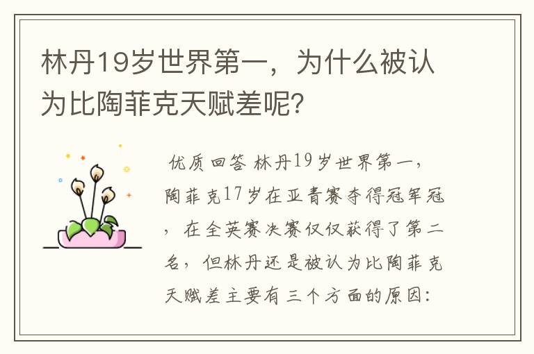 林丹19岁世界第一，为什么被认为比陶菲克天赋差呢？