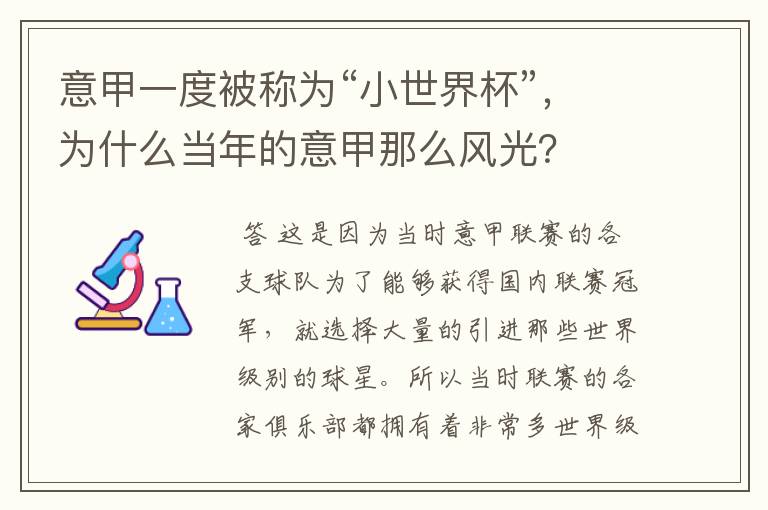 意甲一度被称为“小世界杯”，为什么当年的意甲那么风光？